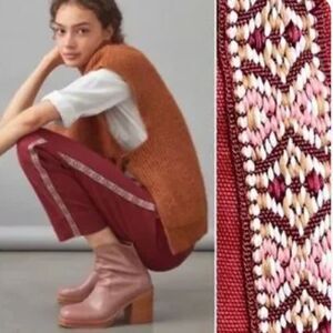 (BOGO FREE) Anthropologie Chino Pants Embroidered Tuxedo Stripe Burgundy Sz 14